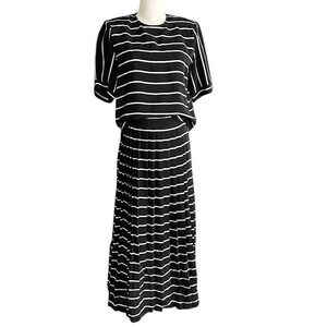 Vintage Alfred Sung 100% Silk 2-Piece Set - Striped Top 8  Pleated Midi Skirt 10